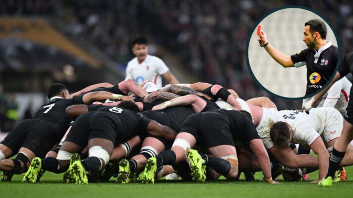 A scrum during England v All Blacks and an inset of ex-referee Mathieu Raynal issuing a red card.