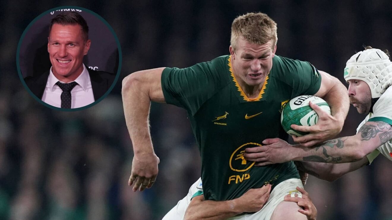 Ireland taking on the Springboks, and former South Africa captain Jean de Villiers (inset).