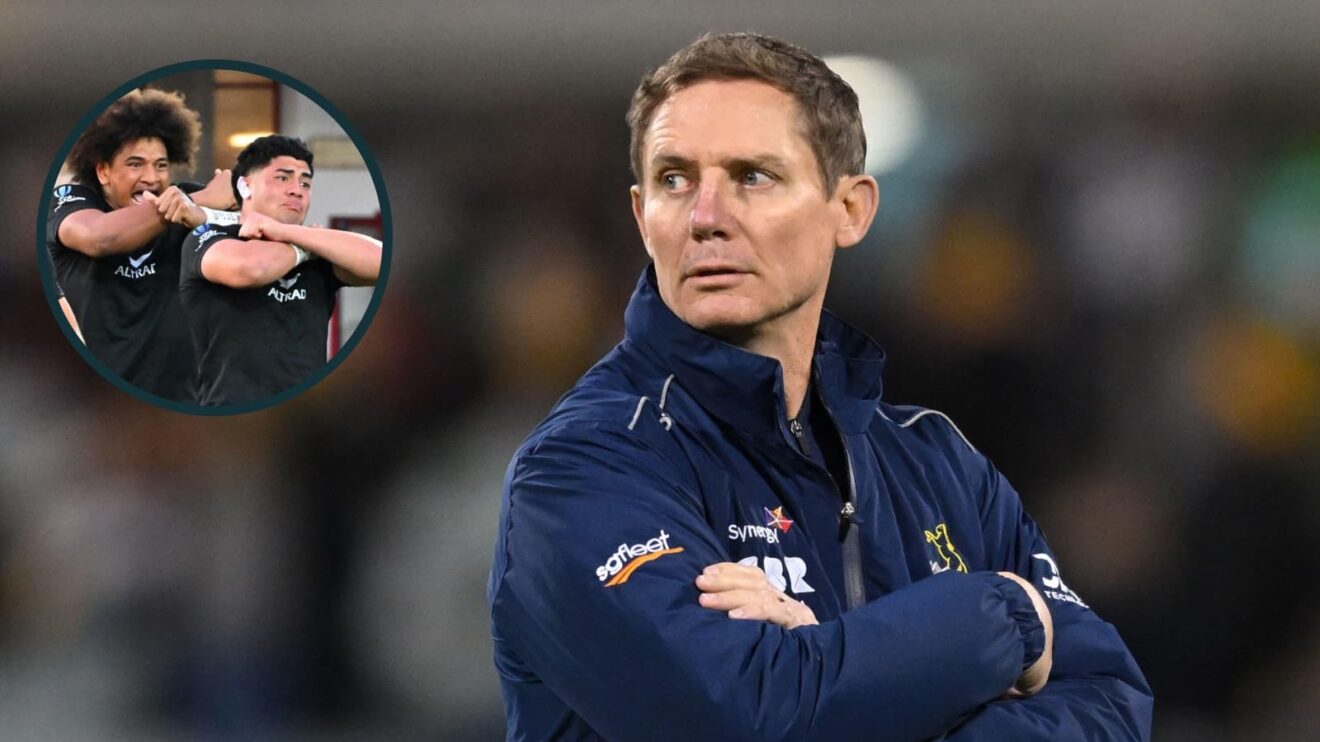 Brumbies coach Stephen Larkham and an inset of New Zealand u20s players performing a haka.