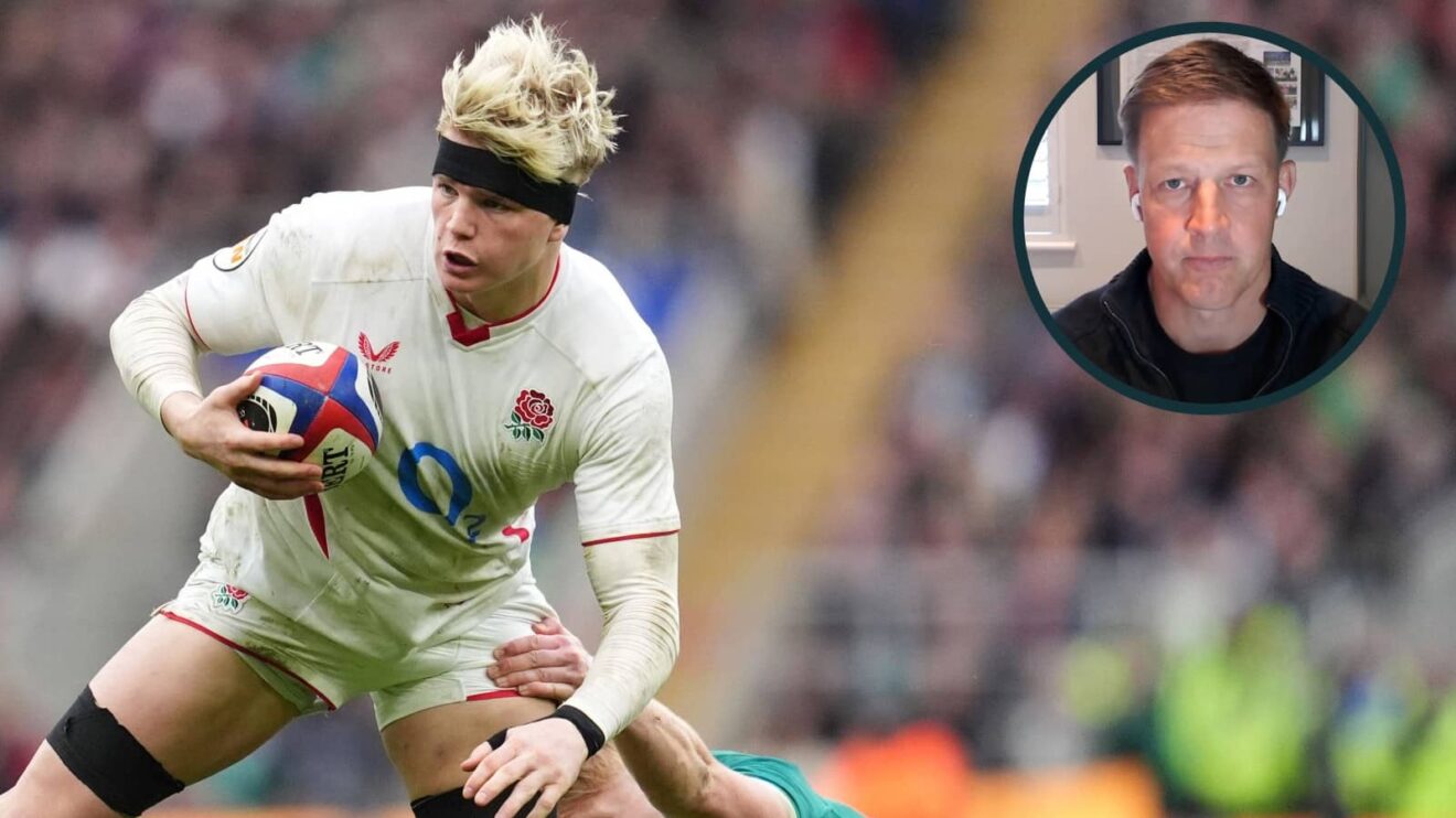 England back-rower Henry Pollock and former Springboks captain Bob Skinstad (inset).