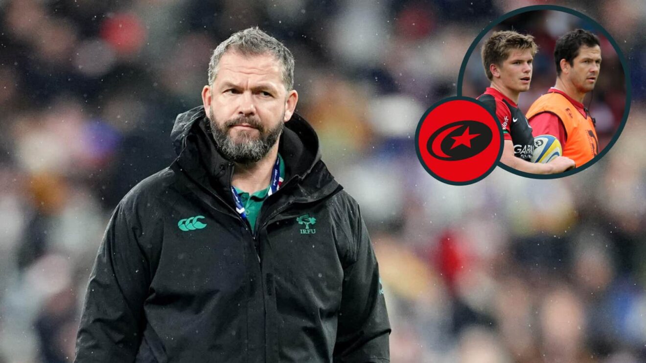 Ireland head coach Andy Farrell and an inset of him and Owen Farrell at Saracens.