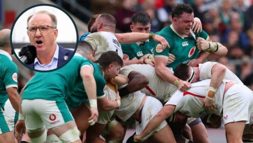 A maul during England v Ireland and an inset of World Rugby chairman Brett Robinson.