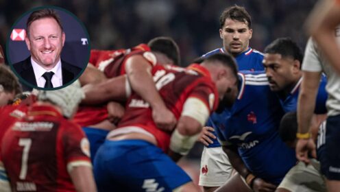 Scrum between Italy and France and an inset of World Rugby's Alan Gilpin.