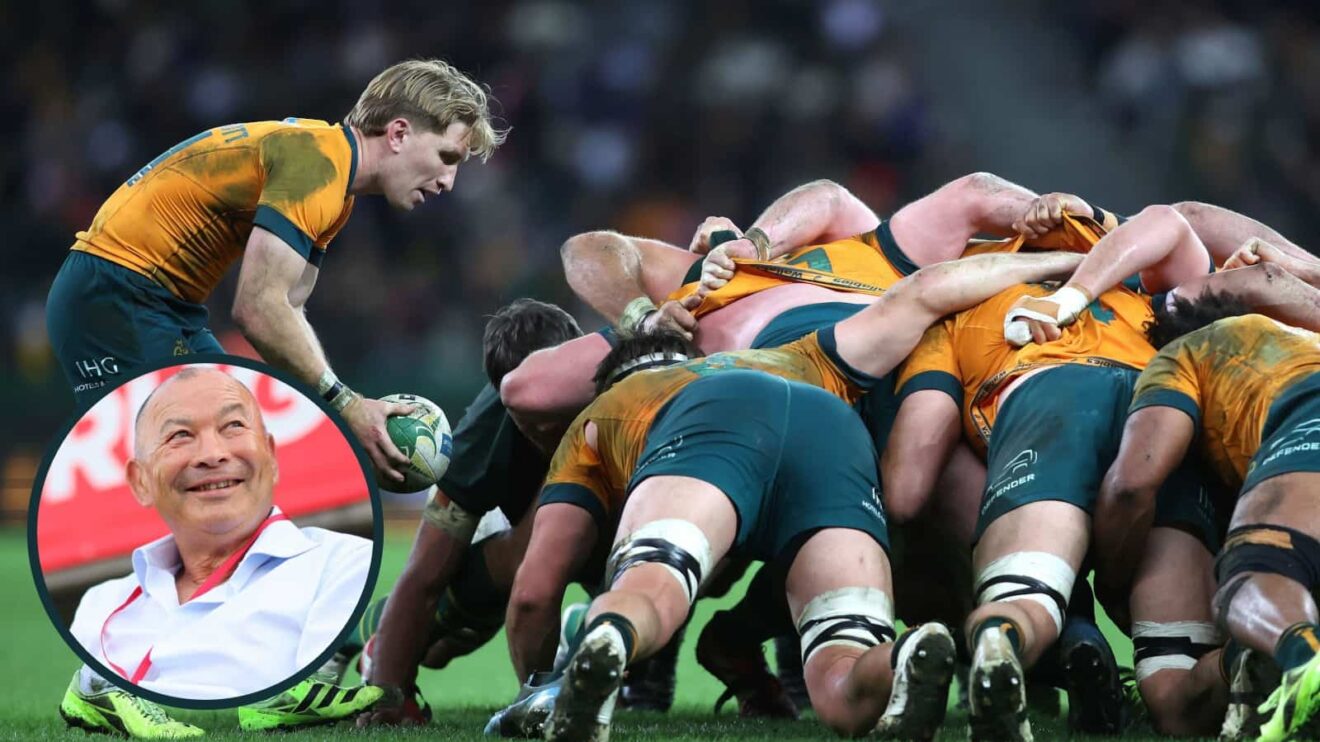 Wallabies scrum during the 2025 Test season and their former head coach Eddie Jones (inset).