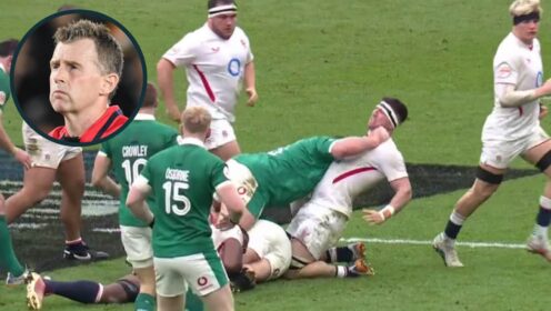 Tadhg Furlong's hit on Tom Curry and an inset of ex-referee Nigel Owens.