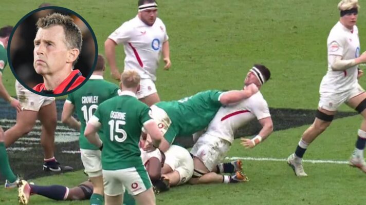 Tadhg Furlong's hit on Tom Curry and an inset of ex-referee Nigel Owens.