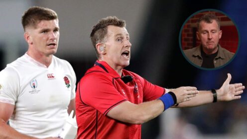 Nigel Owens and Owen Farrell during the 2019 Rugby World Cup semi-final between England and New Zealand.