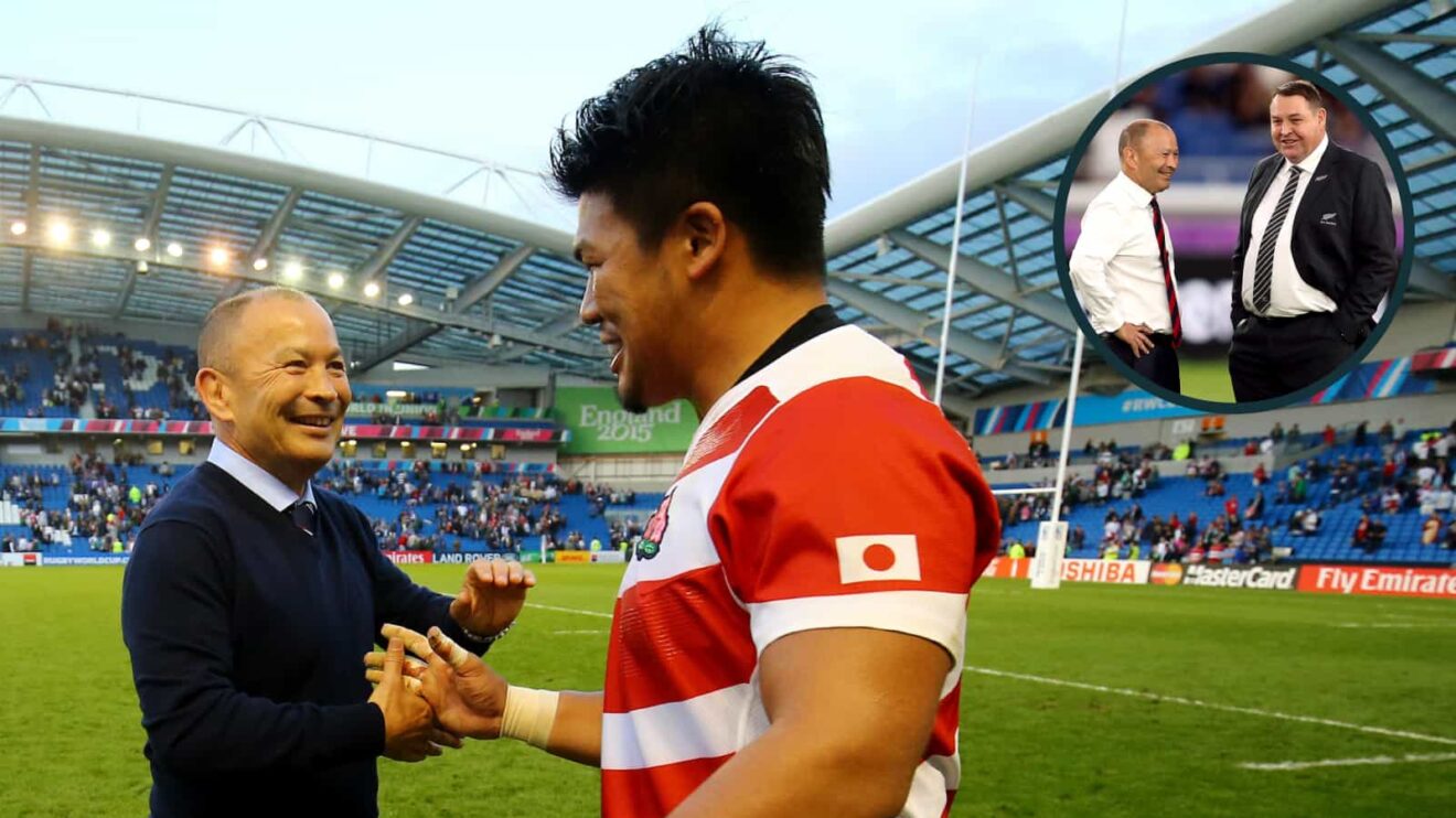 Japan's Coach Eddie Jones congratulates his team following victory over South Africa during the 2015 Rugby World Cup and an inset of him chatting with ex-All Blacks coach Steve Hansen in 2019.