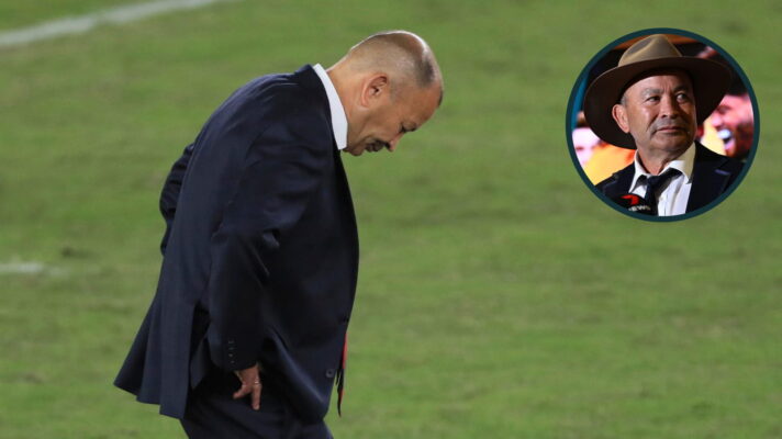 Eddie Jones after the 2019 Rugby World Cup final and an inset of him before the 2023 tournament.