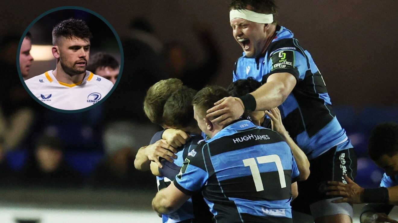 A two layered image of Cardiff players and Harry Byrne