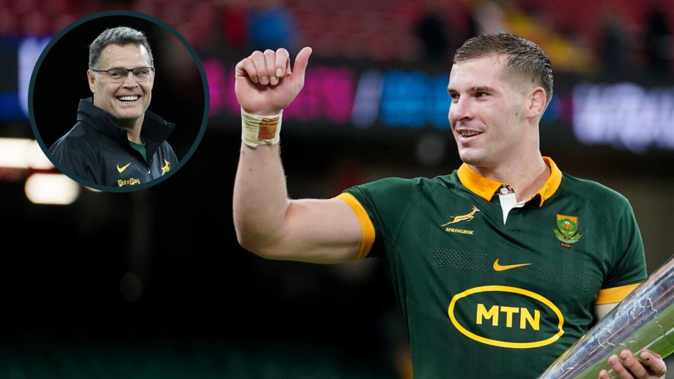 Cameron Hanekom and an inset of Springboks head coach Rassie Erasmus.