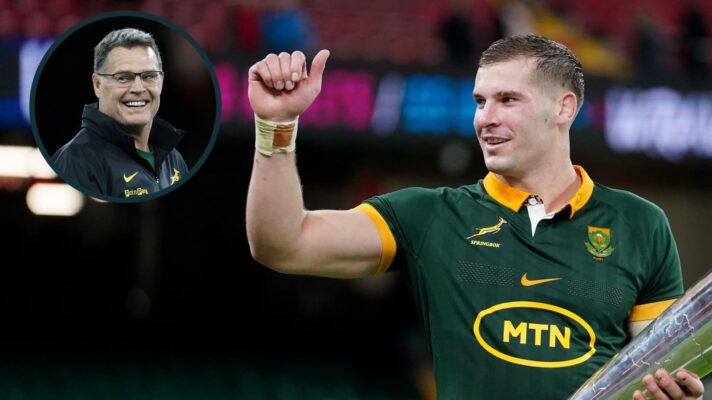 Cameron Hanekom and an inset of Springboks head coach Rassie Erasmus.