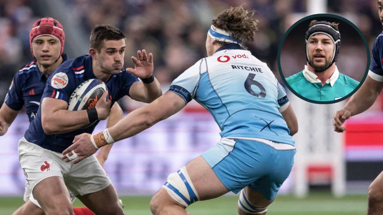 France's Thomas Ramos in action against Scotland and an inset of Ireland captain Caelan Doris