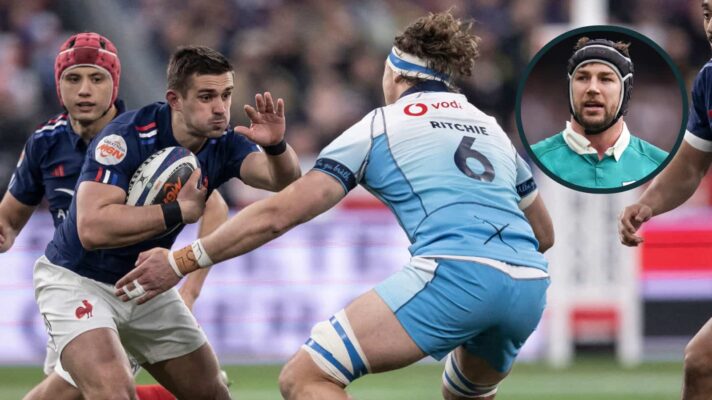 France's Thomas Ramos in action against Scotland and an inset of Ireland captain Caelan Doris