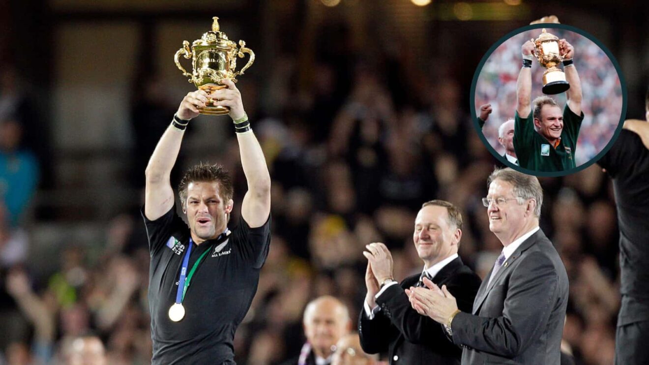 Rugby World Cup-winning captains Richie McCaw and Francois Pienaar.