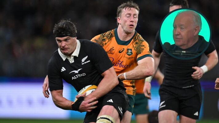 Harry Potter of the Wallabies tackles All Blacks captain Scott Barrett and an inset of Owen Doyle.