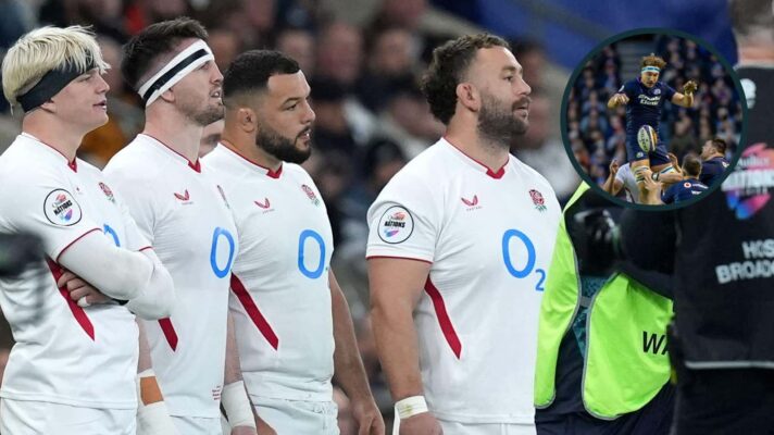 England bench during the Autumn Nations Series and an inset of a Scotland lineout during the Six Nations.