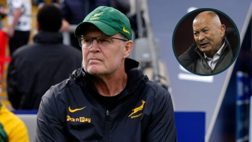 Springboks head coach Rassie Erasmus and an inset of Japan boss Eddie Jones.