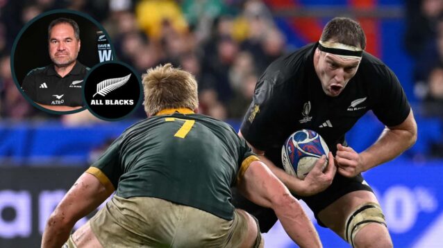 Brodie Retallick in action against the Springboks in the 2023 Rugby World Cup Final and an inset of new All Blacks boss Dave Rennie.