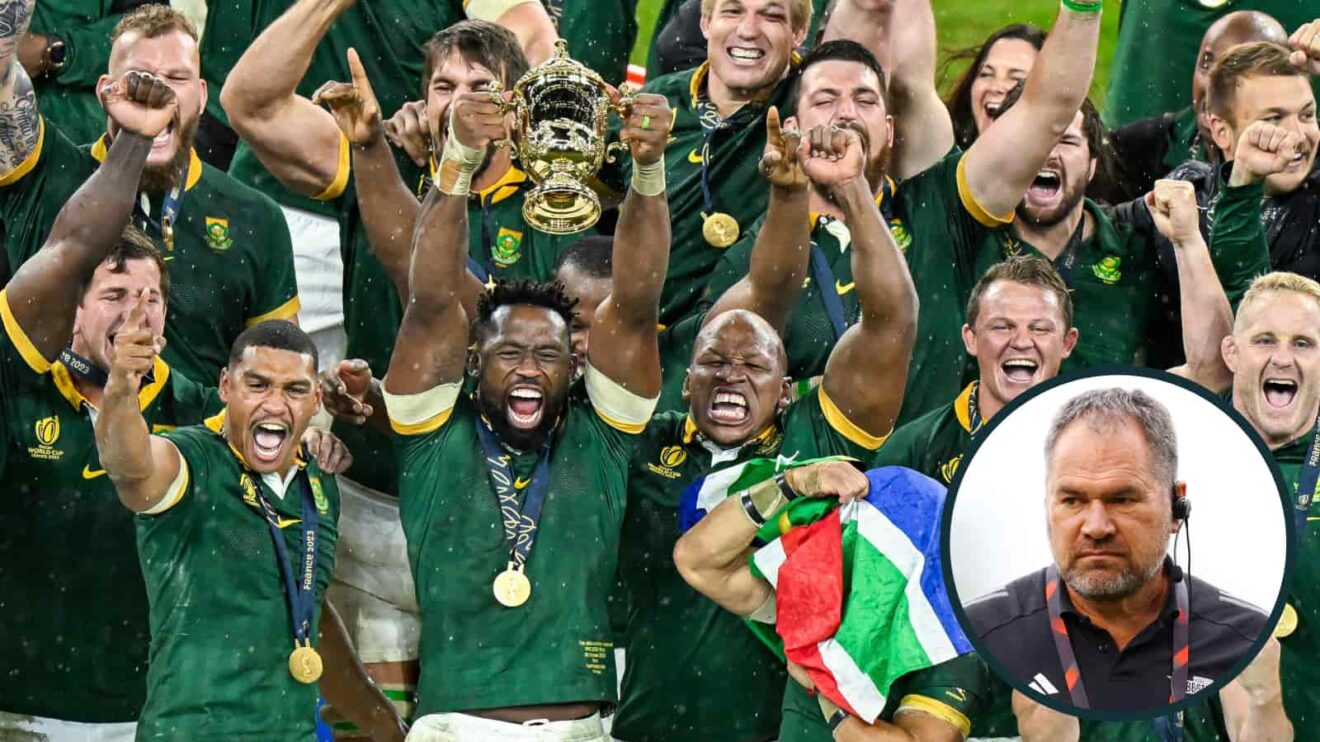 Springboks celebrate 2023 World Cup win and new All Blacks boss Dave Rennie (inset).
