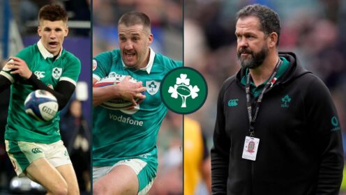 Sam Prendergast, Stuart McCloskey and Ireland head coach Andy Farrell.