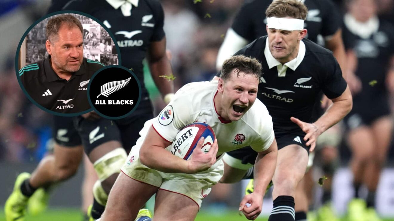 England's Fraser Dingwall scores against the All Blacks and an inset of new head coach Dave Rennie.