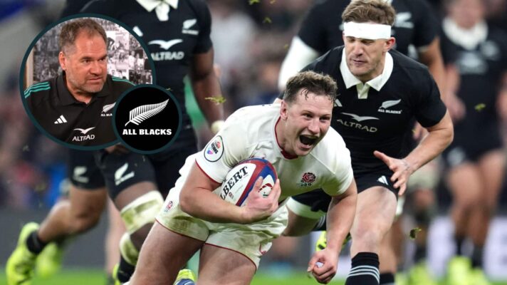 England's Fraser Dingwall scores against the All Blacks and an inset of new head coach Dave Rennie.