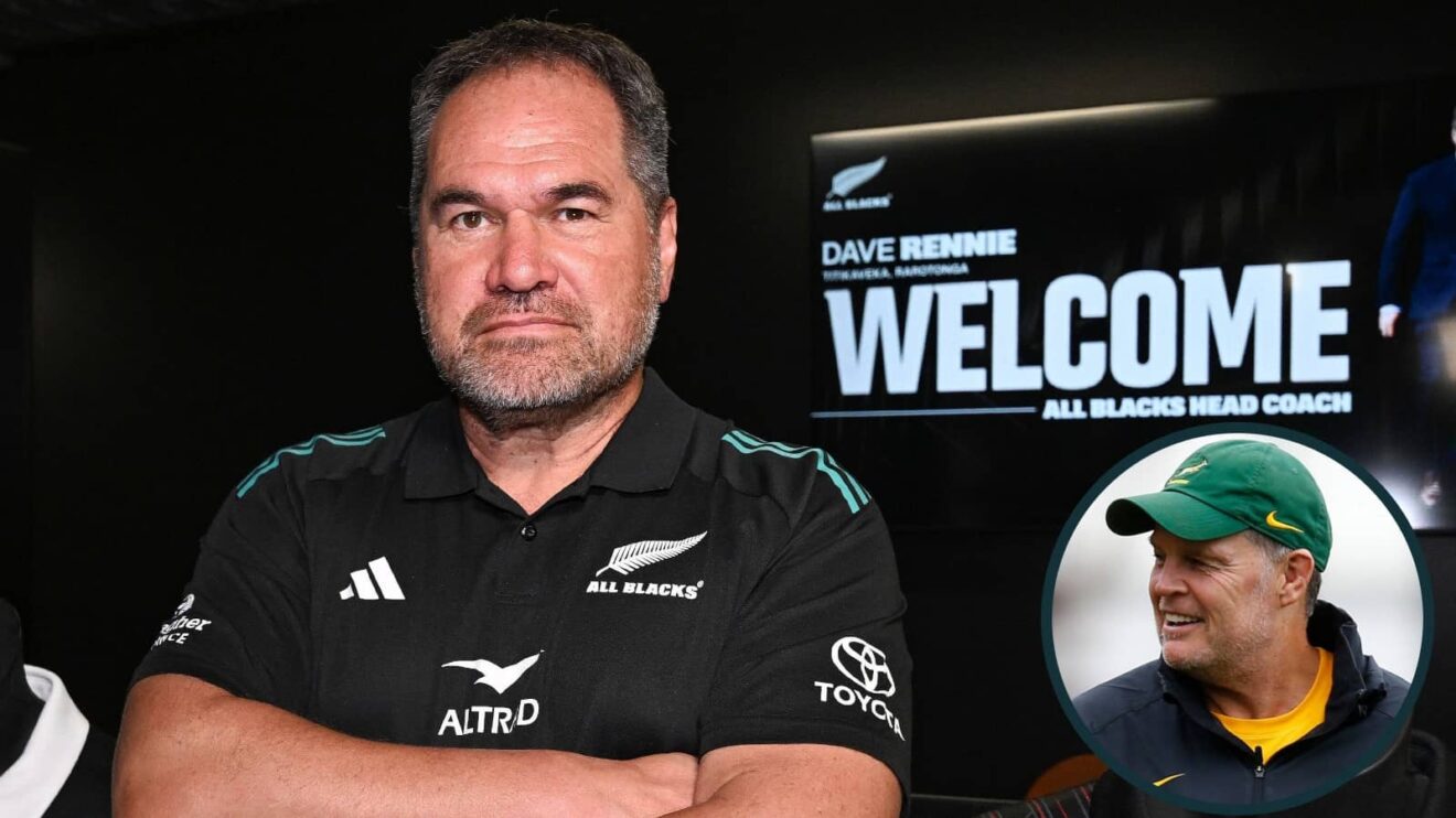 All Blacks head coach Dave Rennie and Springboks boss Rassie Erasmus (inset).