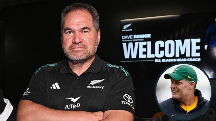 All Blacks head coach Dave Rennie and Springboks boss Rassie Erasmus (inset).