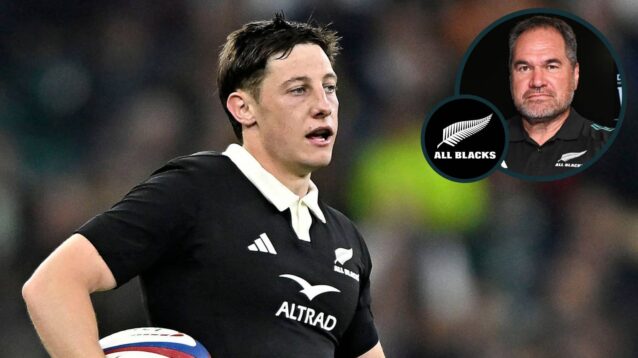 All Blacks scrum-half Cam Roigard and new head coach Dave Rennie (inset).