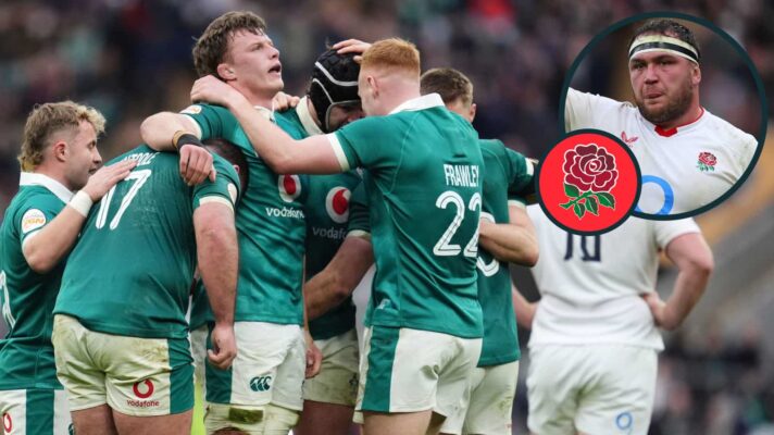 Ireland celebrating v England and Red Rose hooker Jamie George (inset).