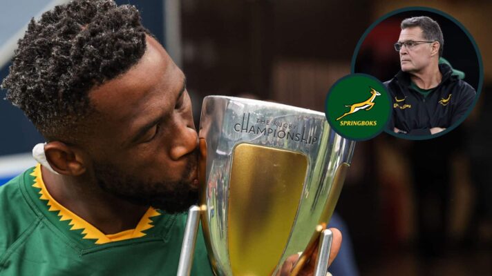 Springboks captain Siya Kolisi and an inset of Rassie Erasmus.