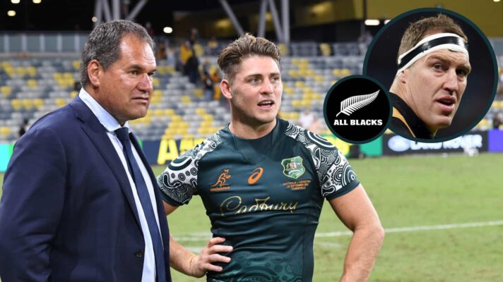 Dave Rennie and Wallabies fly-half James O'Connor with an inset of All Blacks legend Brodie Retallick.