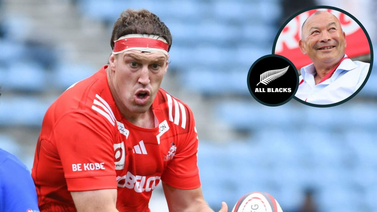 All Blacks lock Brodie Retallick playing in Japan and former Wallabies head coach Eddie Jones (inset).