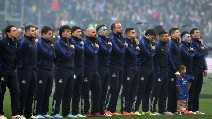 The Italy team lined up during the opening ceremony in the Guinness Six Nations 2026