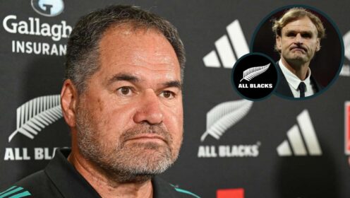 New All Blacks head coach Dave Rennie and former boss Scott Robertson (inset).