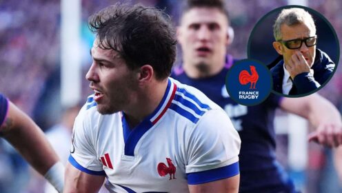 Antoine Dupont and an inset of France head coach Fabien Galthie.