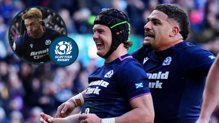 Sione Tuipulotu and Darcy Graham celebrate Scotland try, and Kyle Steyn scores (inset).