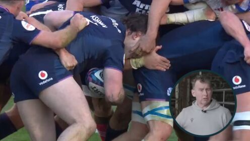 Alleged gouging incident in Scotland v France clash and former Test referee Nigel Owens (inset).