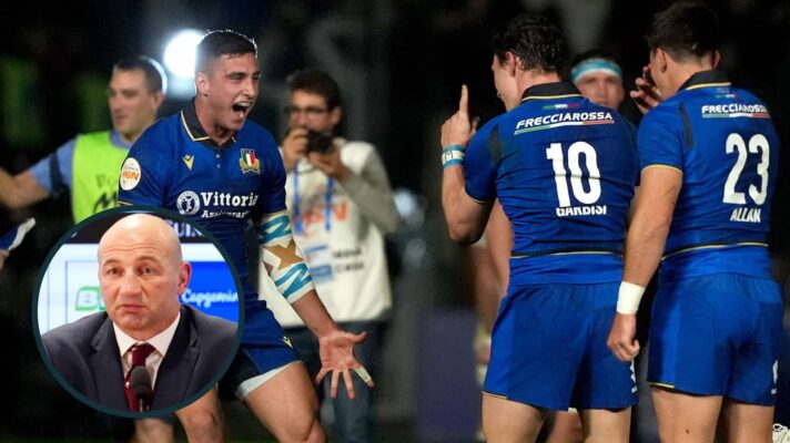 Italy celebrate Six Nations victory over England and Red Rose head coach Steve Borthwick (inset).