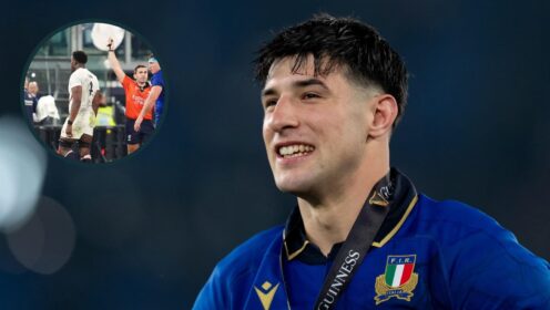 Italy's Tommaso Menoncello and an inset of Maro Itoje.