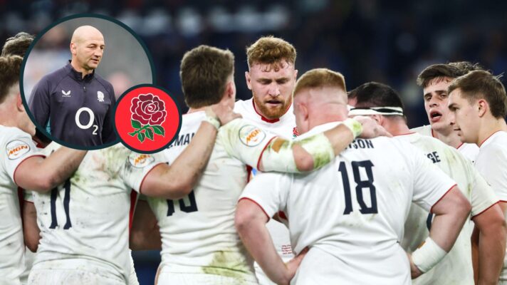A two layered image of Steve Borthwick and England players in a huddle