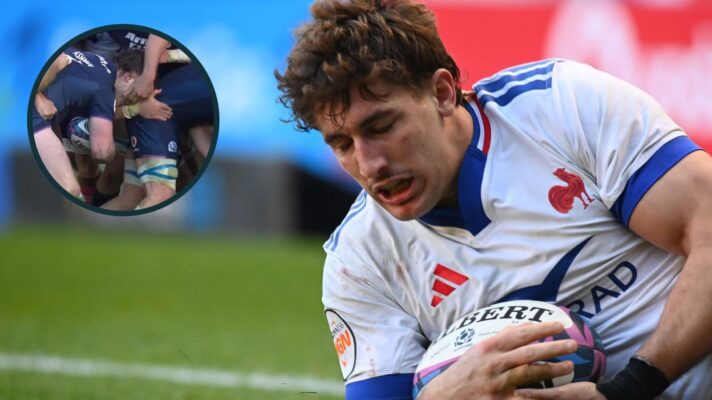 France flanker Oscar Jegou and the alleged gouging incident (inset) in Scotland clash.