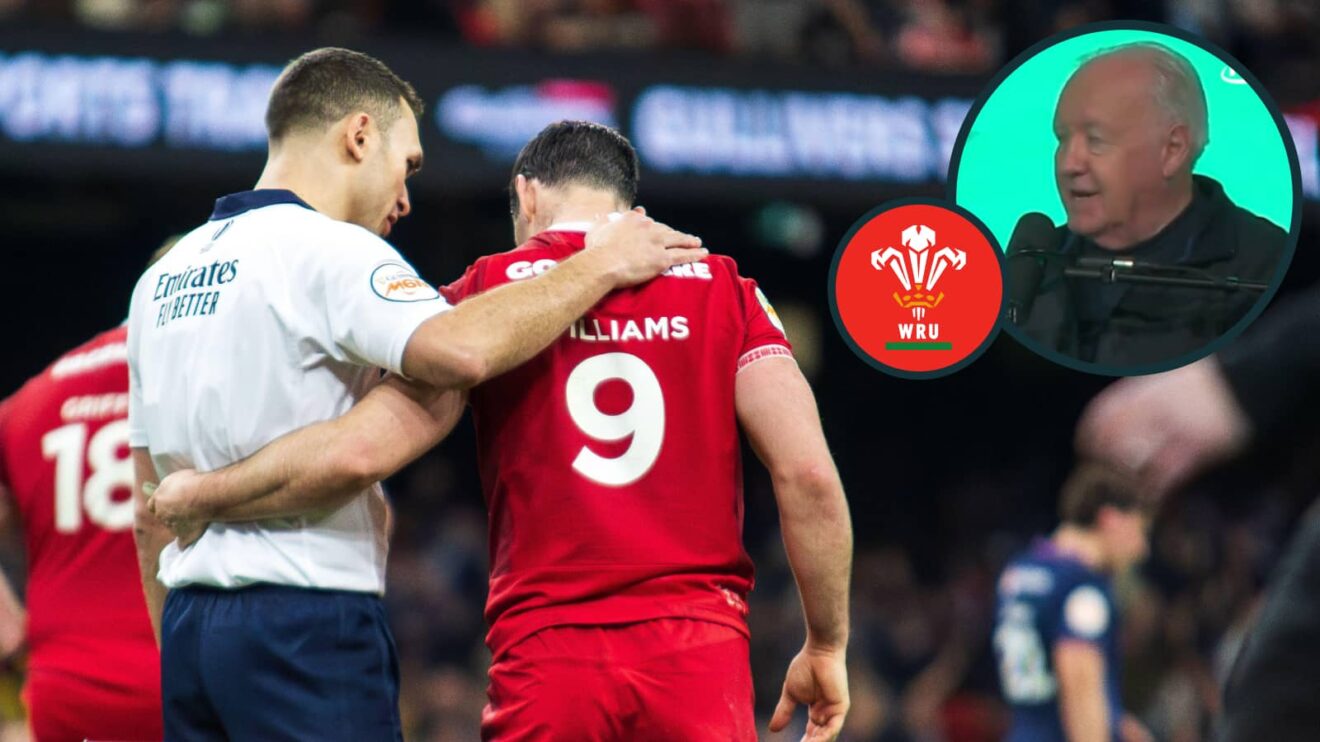 Assistant Adam Leal consoles Welsh scrum half Tomos Williams and an inset of ex-Irish ref boss Owen Doyle.
