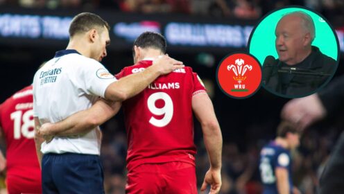 Assistant Adam Leal consoles Welsh scrum half Tomos Williams and an inset of ex-Irish ref boss Owen Doyle.