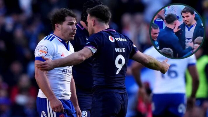 Antoine Dupont and Ben White during the Six Nations clash between Scotland and France.