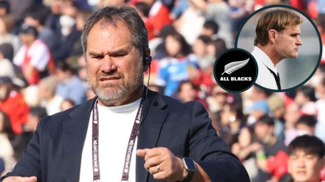 New All Blacks head coach Dave Rennie and former boss Scott Robertson (inset).