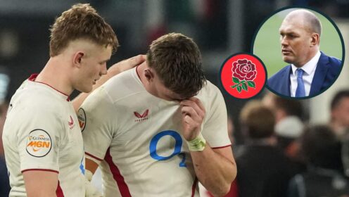 Dejection of Fin Smith and Tommy Freeman with an inset of Springboks legend Schalk Burger.