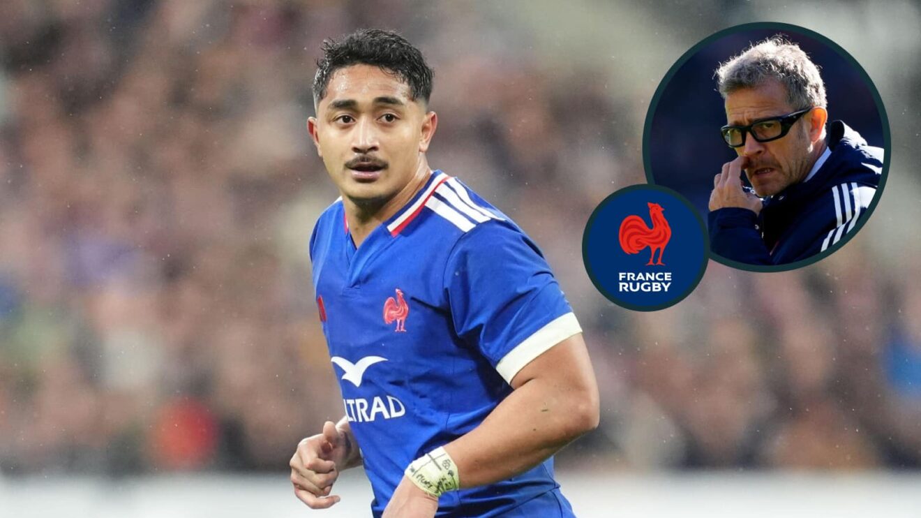 Yoram Moefana and an inset of France head coach Fabien Galthie.