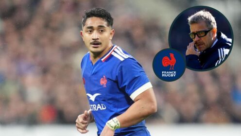 Yoram Moefana and an inset of France head coach Fabien Galthie.